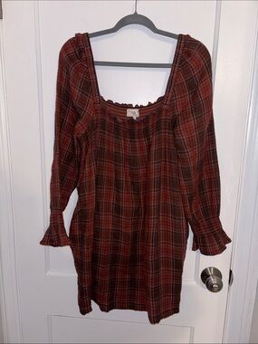 Mille Plaid Square-Neck Long-Sleeve Dress in Rust